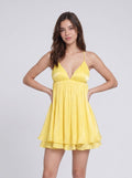 Lemon Tulle A-Line V-Neck Criss-Cross Straps Short Dress with Pleated Bodice