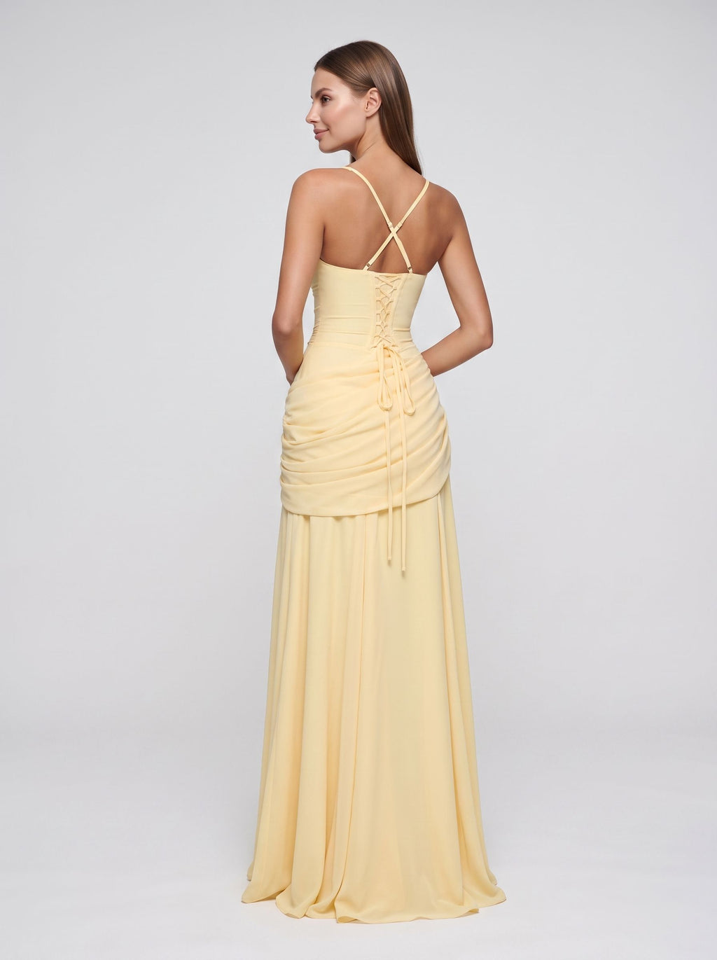 Lemon Chiffon A-Line Square Neck Lace-up Floor-Length Dress