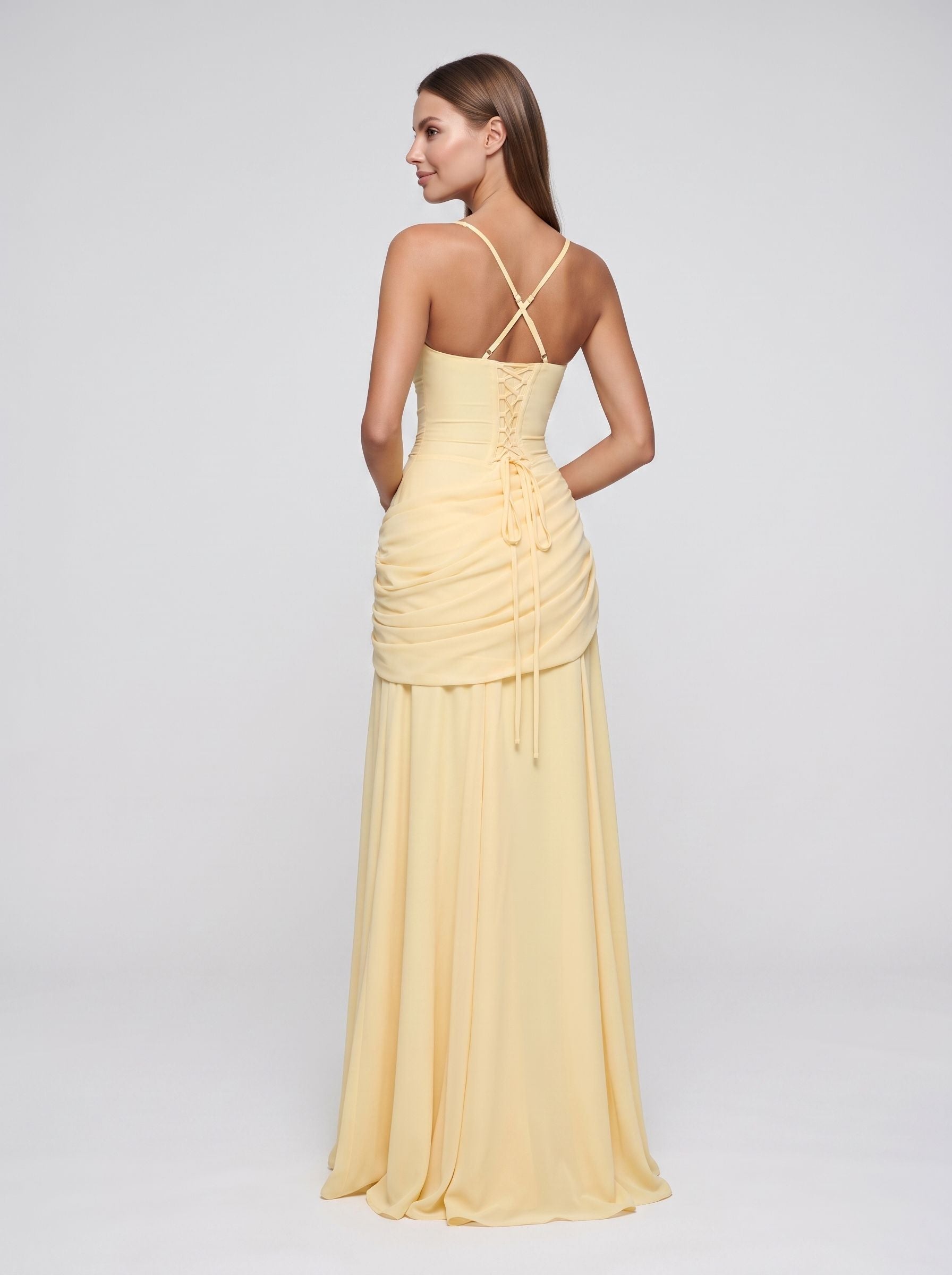 Lemon Chiffon A-Line Square Neck Lace-up Floor-Length Dress