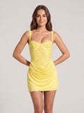 Lemon Yellow Embellished Satin A-Line Sweetheart Backless Mini Dress
