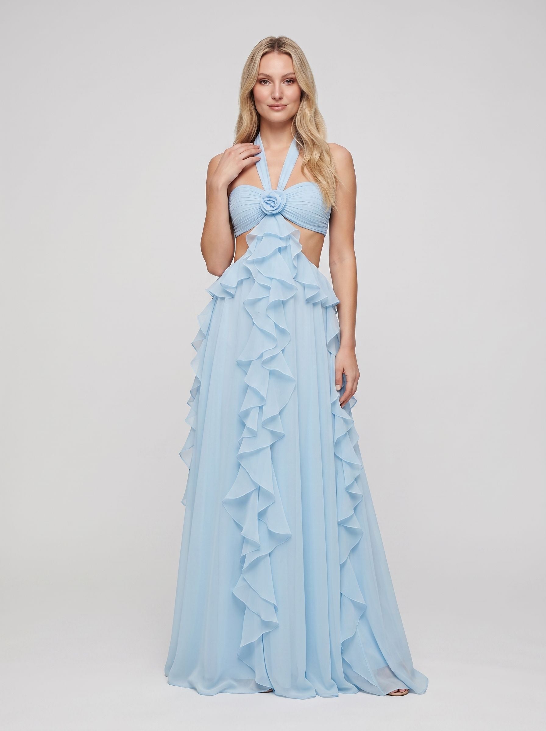 Blue Chiffon A-Line Halter neckline Backless Floor-Length Dress with Corkscrew Ruffles