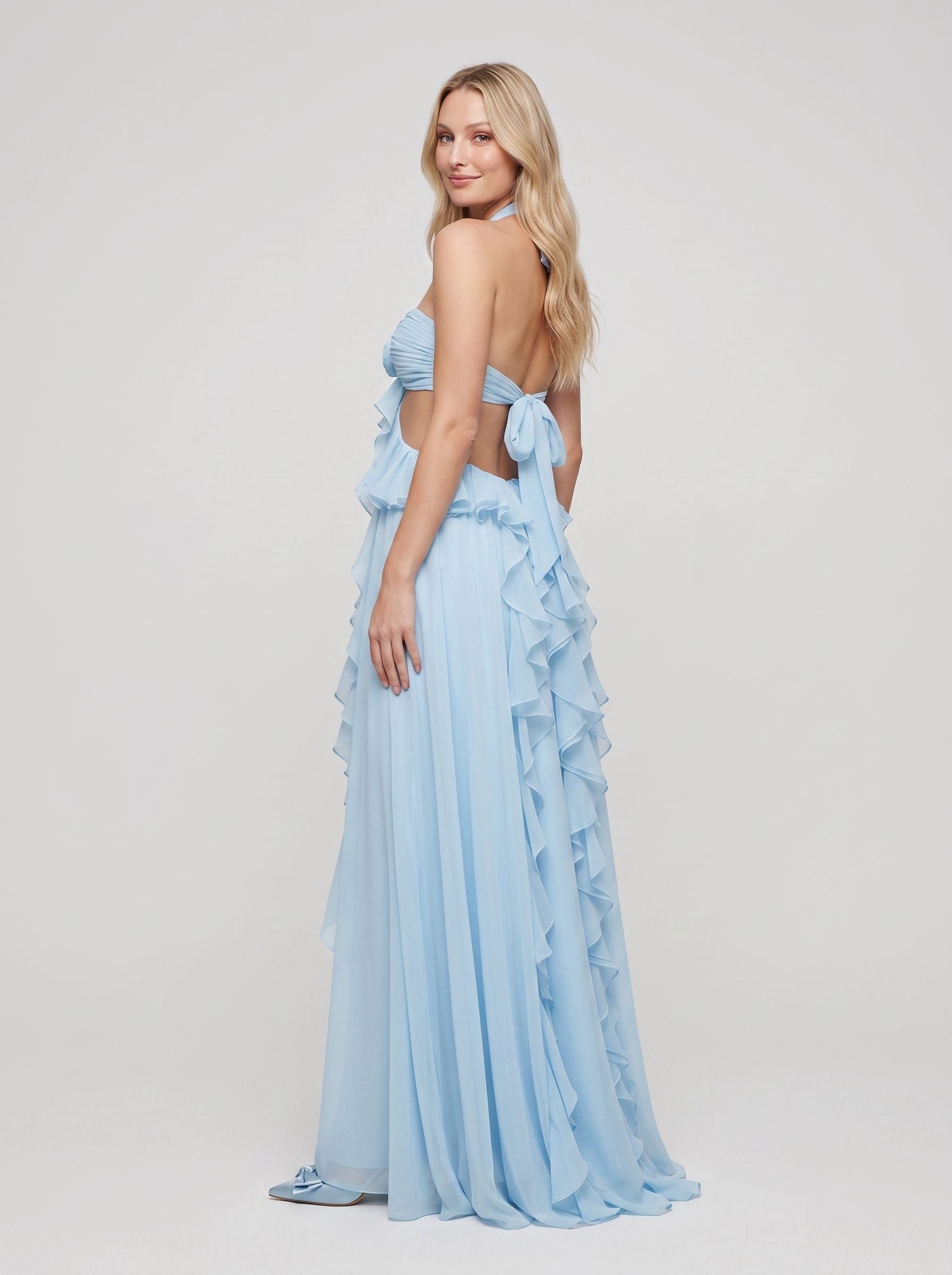 Blue Chiffon A-Line Halter neckline Backless Floor-Length Dress with Corkscrew Ruffles