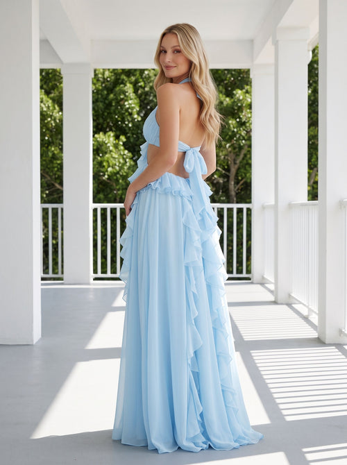 Blue Chiffon A-Line Halter neckline Backless Floor-Length Dress with Corkscrew Ruffles