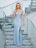 Sky Blue Glitter Tulle A-Line V-Neck V-Back Floor-Length Dress with Sheer Corset Bodice & Slit