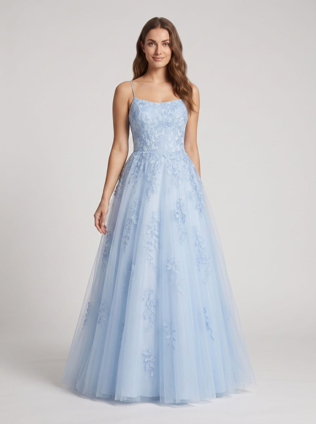 Mist Lace & Tulle A-Line Straight Neck Lace-up Floor-Length Dress with Embroidered Lace Bodice