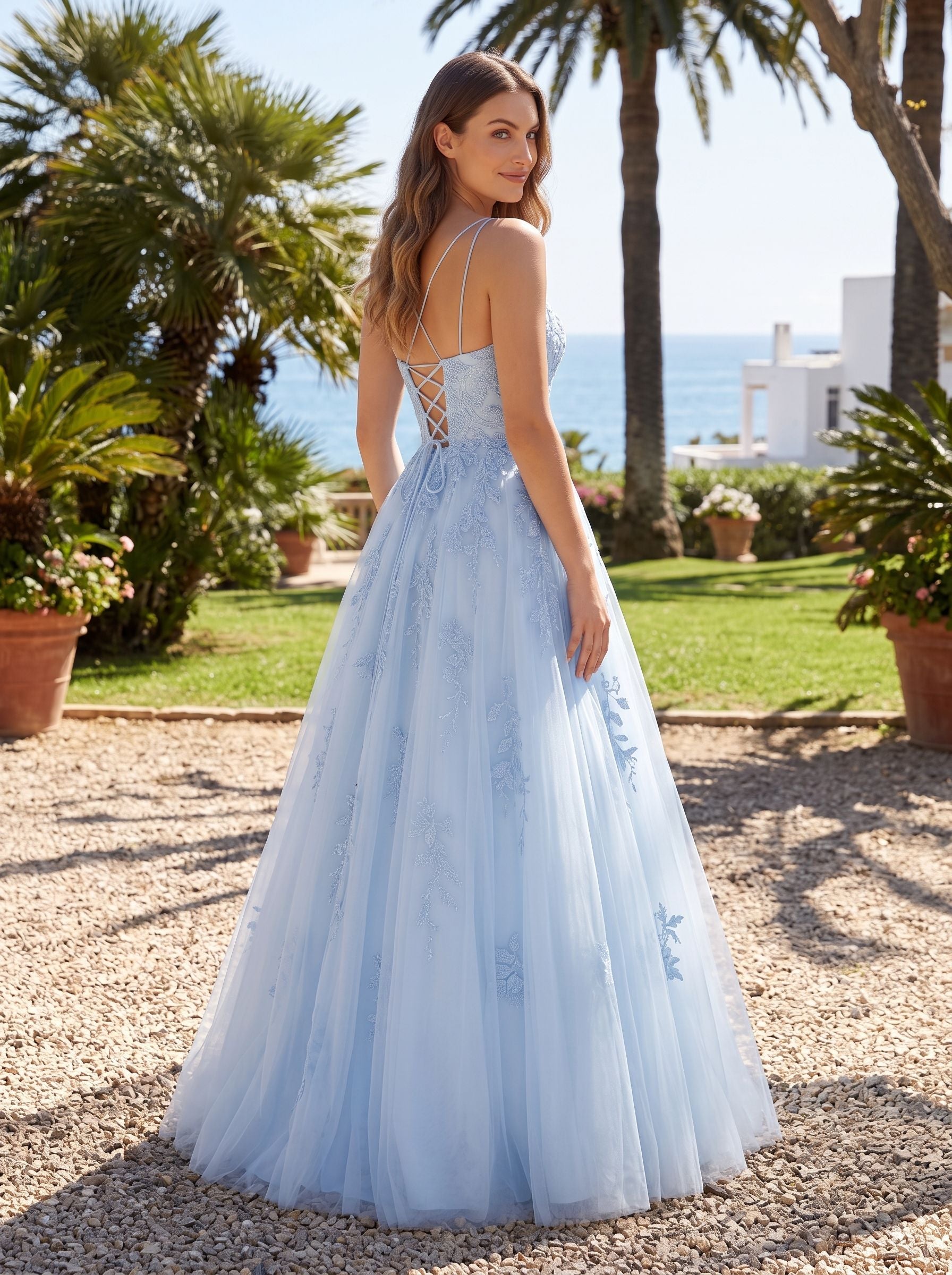 Mist Lace & Tulle A-Line Straight Neck Lace-up Floor-Length Dress with Embroidered Lace Bodice