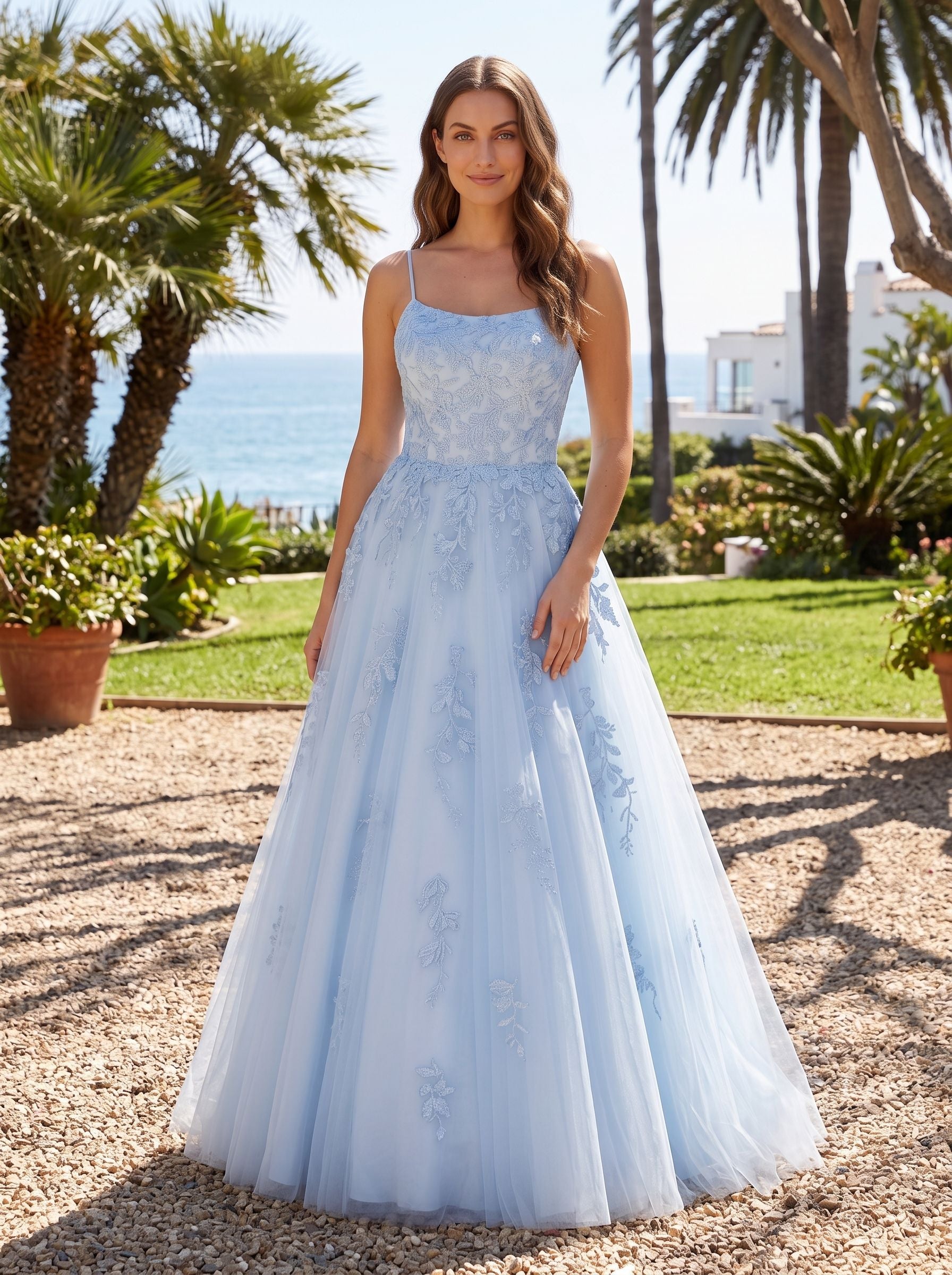 Mist Lace & Tulle A-Line Straight Neck Lace-up Floor-Length Dress with Embroidered Lace Bodice