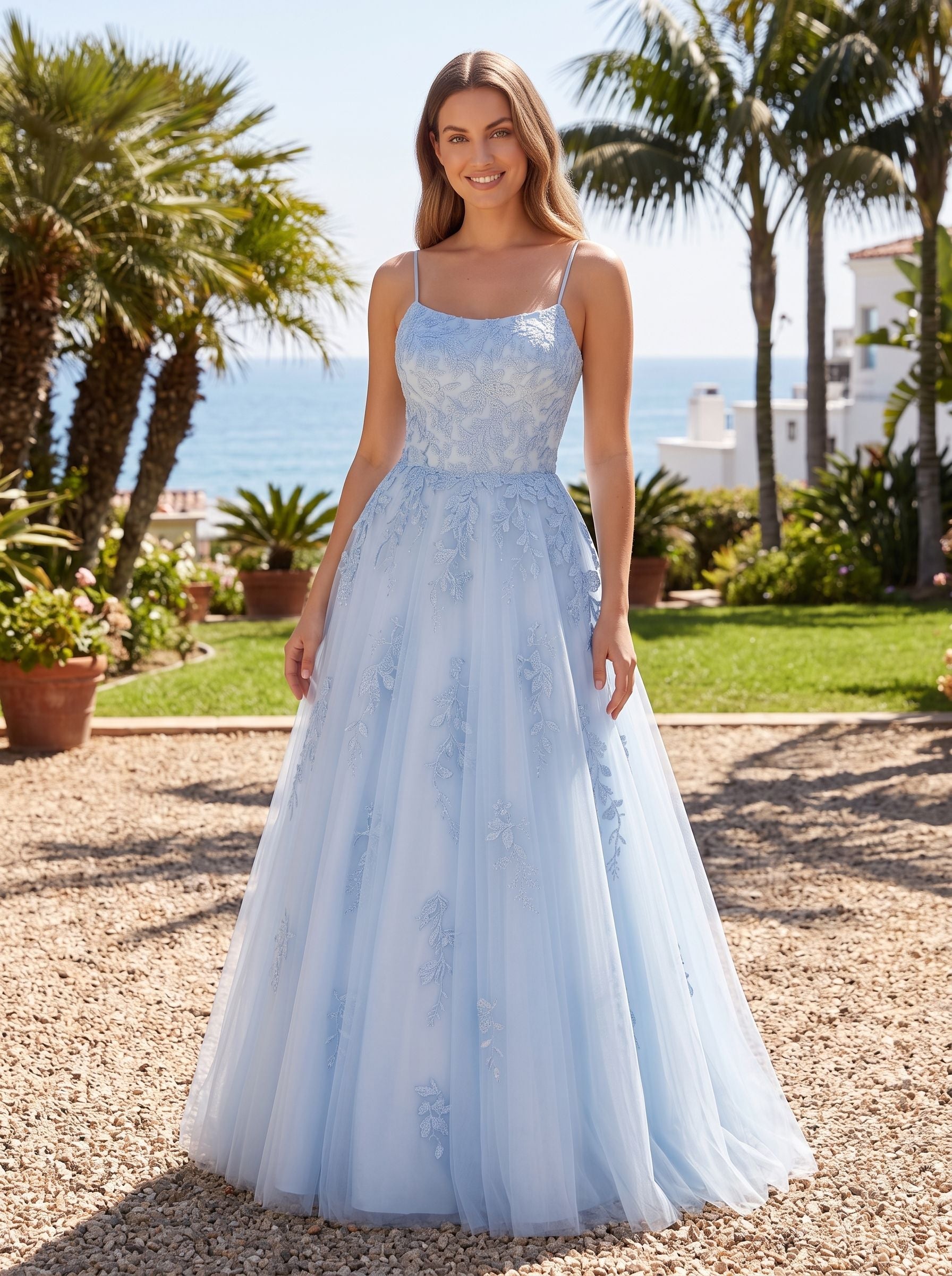 Mist Lace & Tulle A-Line Straight Neck Lace-up Floor-Length Dress with Embroidered Lace Bodice