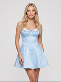 Sky Blue Satin A-Line Scoop Neck Lace-up Mini Dress with Pleated Skirt