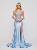 Sky Blue Satin column V-Neck Corset Back Floor-Length Dress with Beaded Bodice