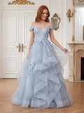 Mist Tulle A-Line Off-the-Shoulder Back Zip Floor-Length Dress with Floral Embroidery