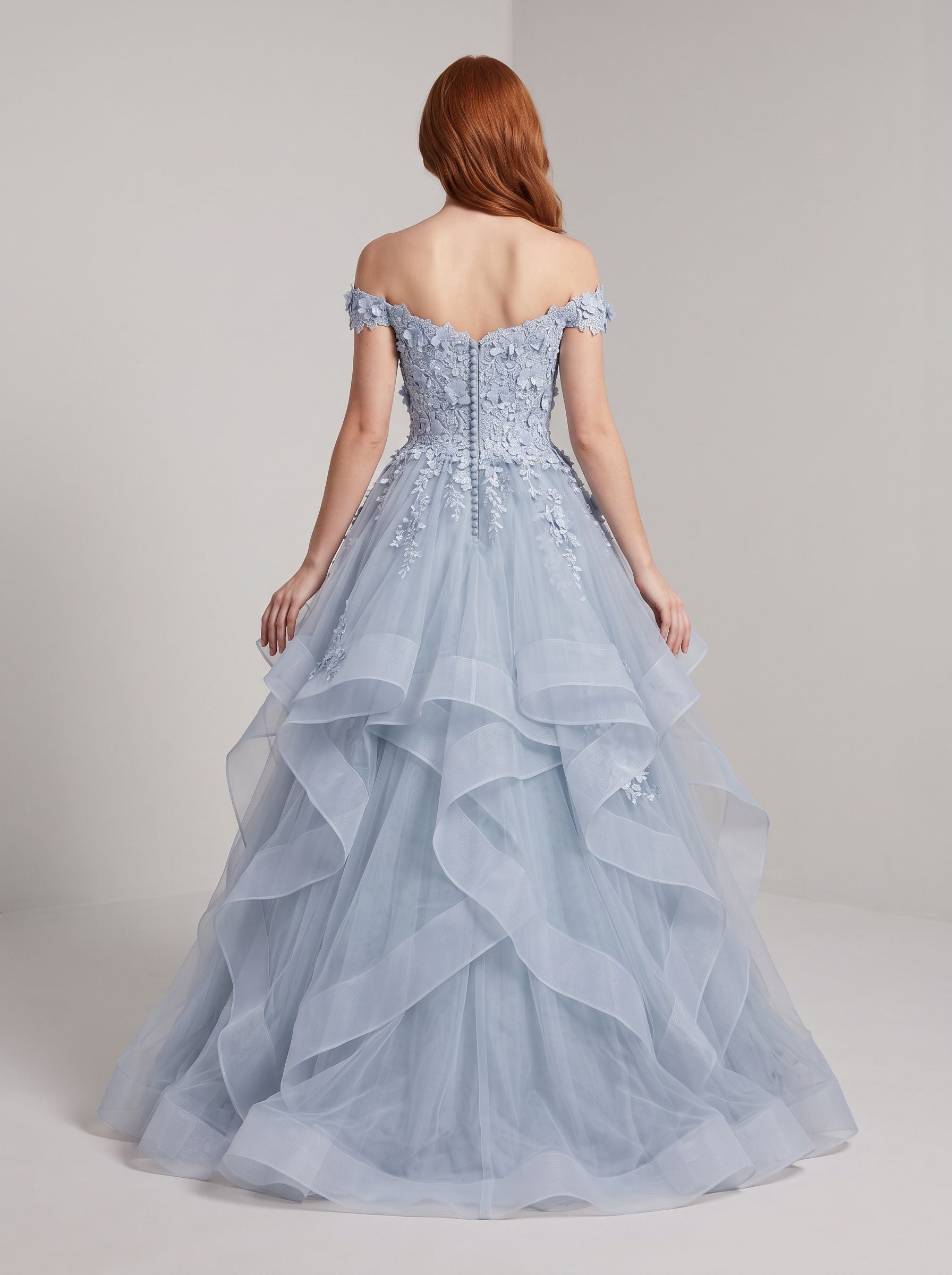 Mist Tulle A-Line Off-the-Shoulder Back Zip Floor-Length Dress with Floral Embroidery