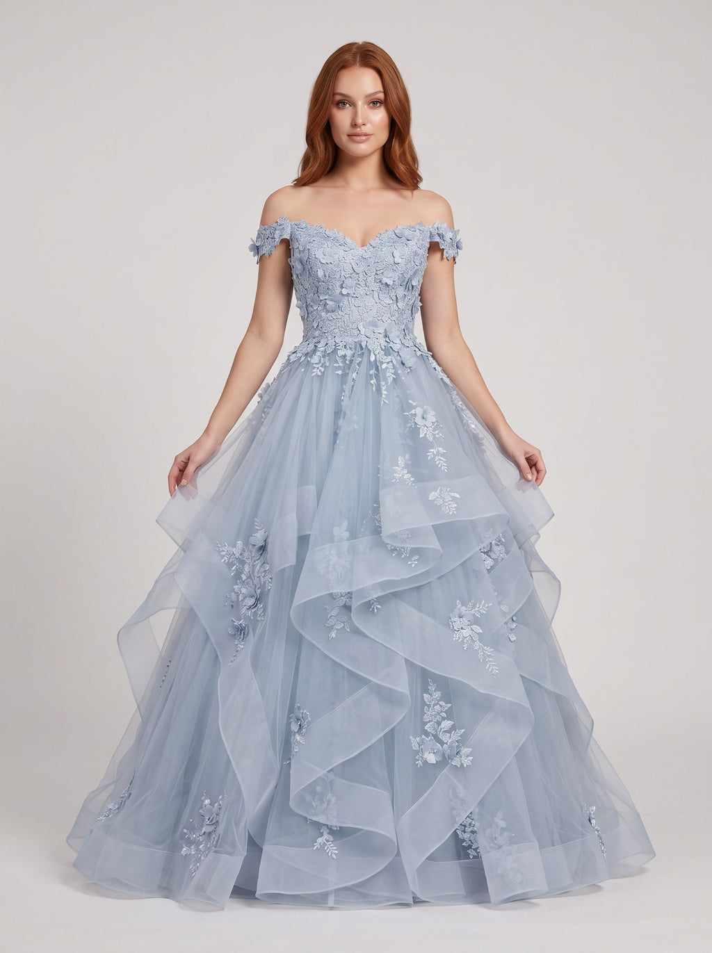 Mist Tulle A-Line Off-the-Shoulder Back Zip Floor-Length Dress with Floral Embroidery