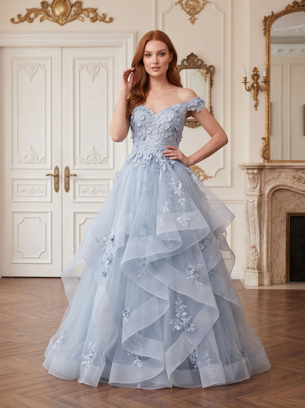 Mist Tulle A-Line Off-the-Shoulder Back Zip Floor-Length Dress with Floral Embroidery