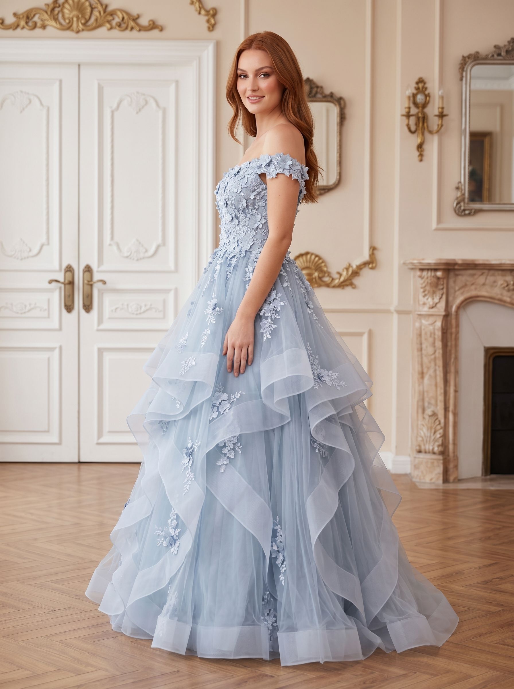 Mist Tulle A-Line Off-the-Shoulder Back Zip Floor-Length Dress with Floral Embroidery