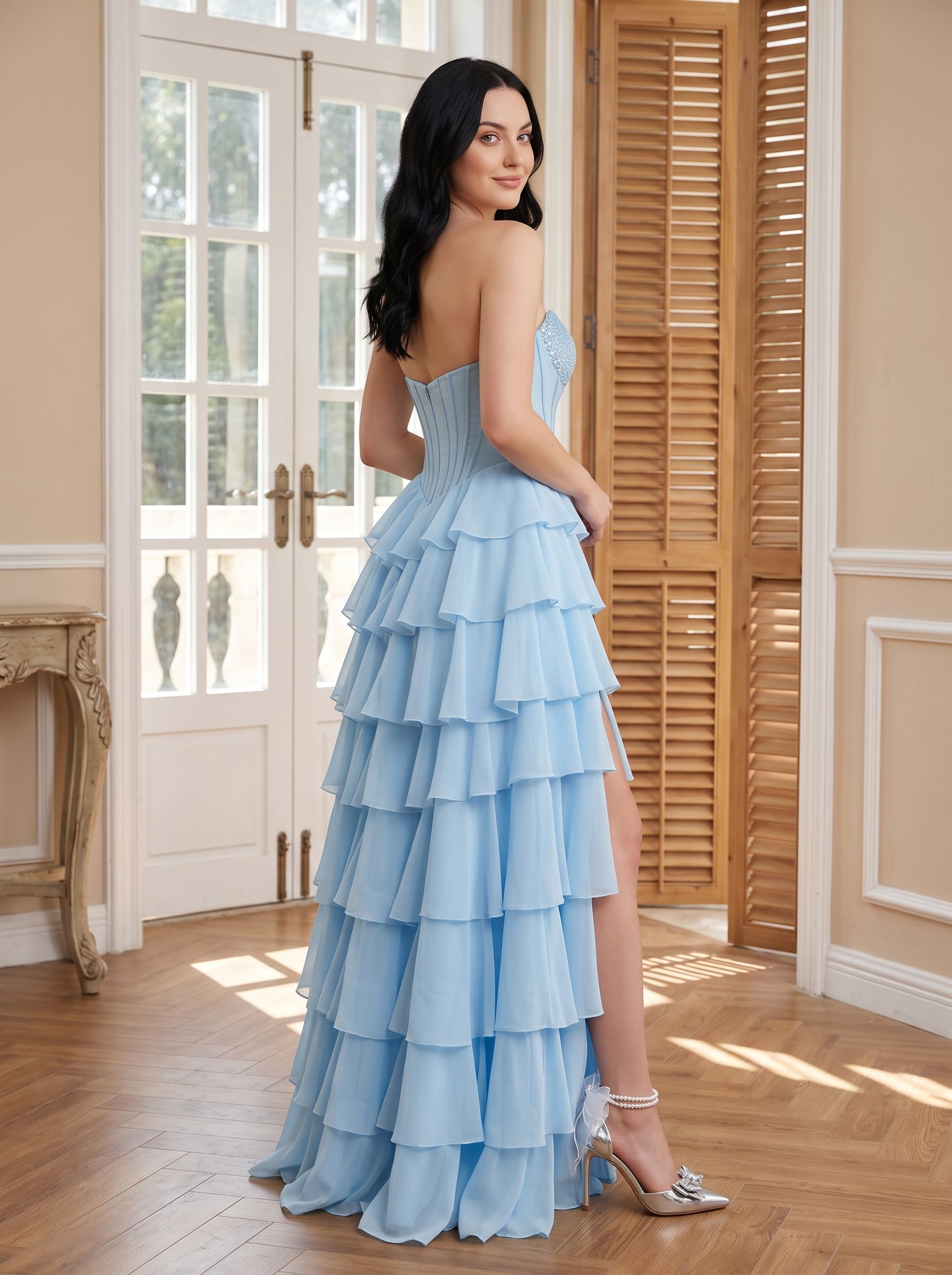Sky Blue Chiffon A-Line Straight Neck Corset Back Floor-Length Dress with Embroidered Bodice