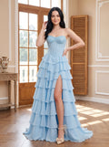Sky Blue Chiffon A-Line Straight Neck Corset Back Floor-Length Dress with Embroidered Bodice