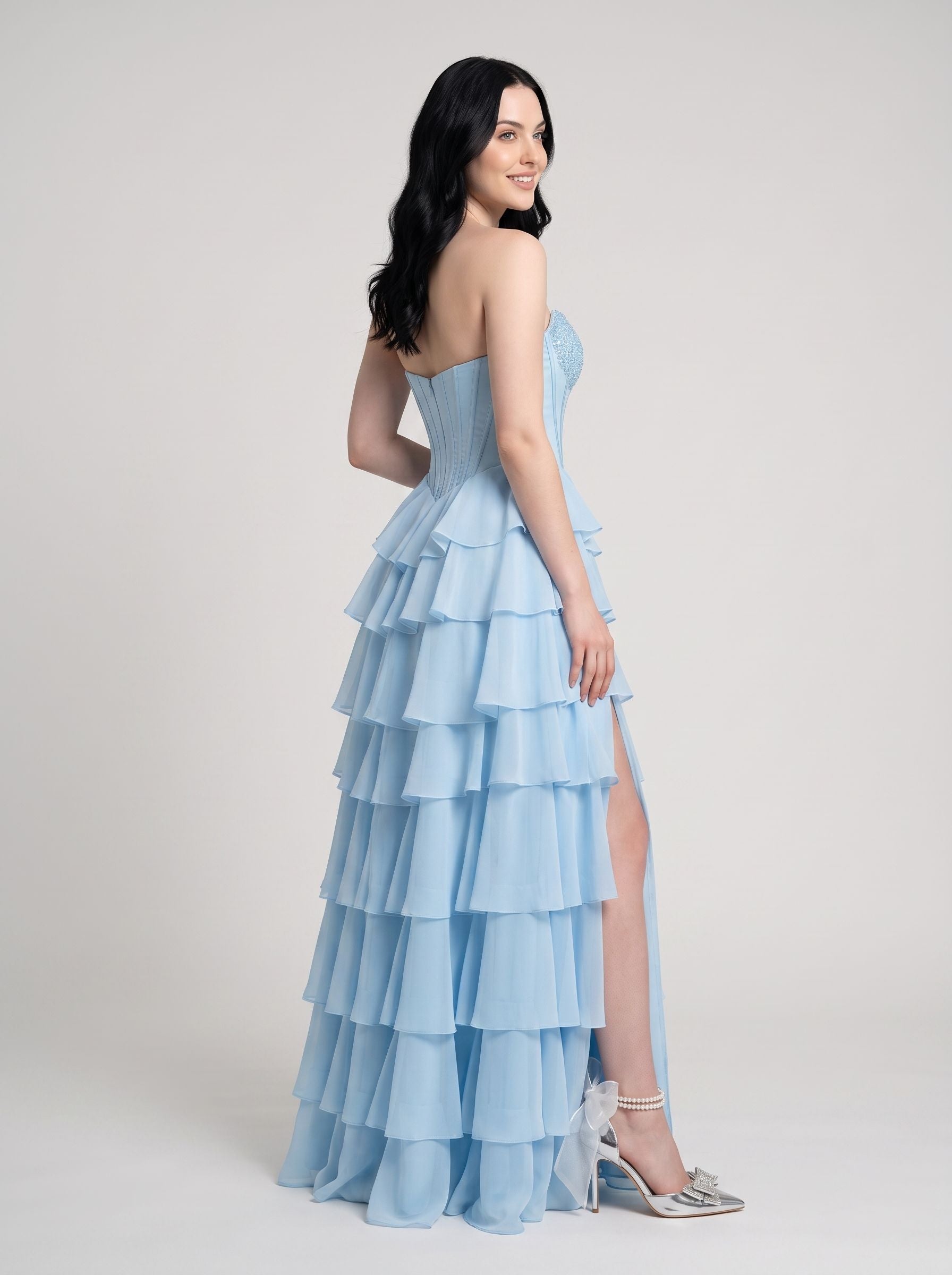 Sky Blue Chiffon A-Line Straight Neck Corset Back Floor-Length Dress with Embroidered Bodice