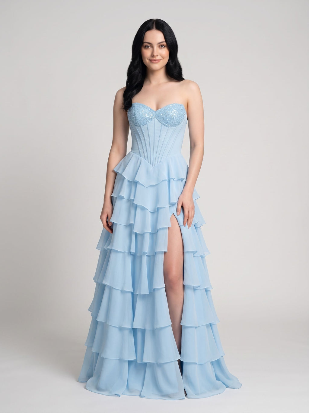 Sky Blue Chiffon A-Line Straight Neck Corset Back Floor-Length Dress with Embroidered Bodice
