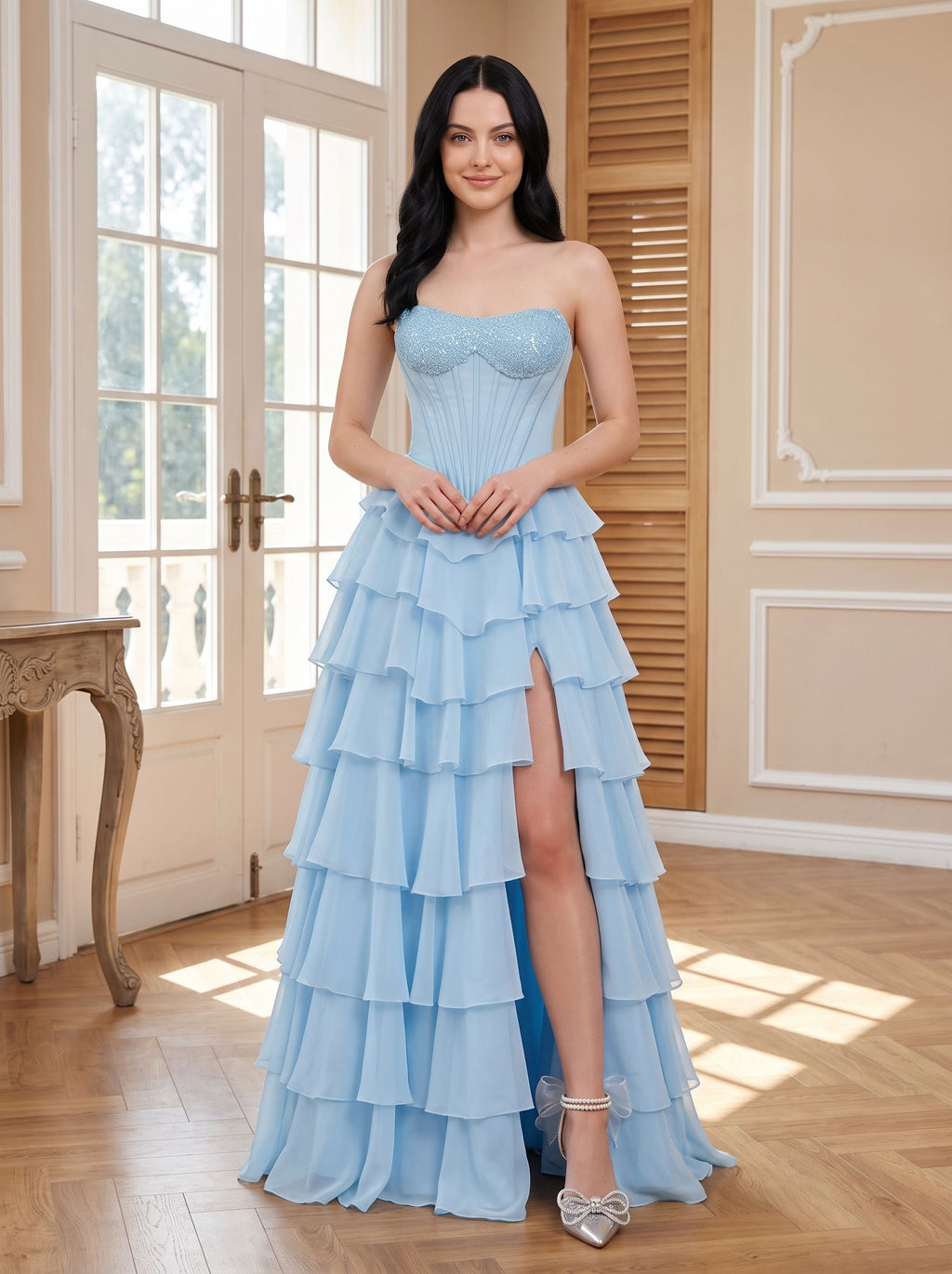Sky Blue Chiffon A-Line Straight Neck Corset Back Floor-Length Dress with Embroidered Bodice