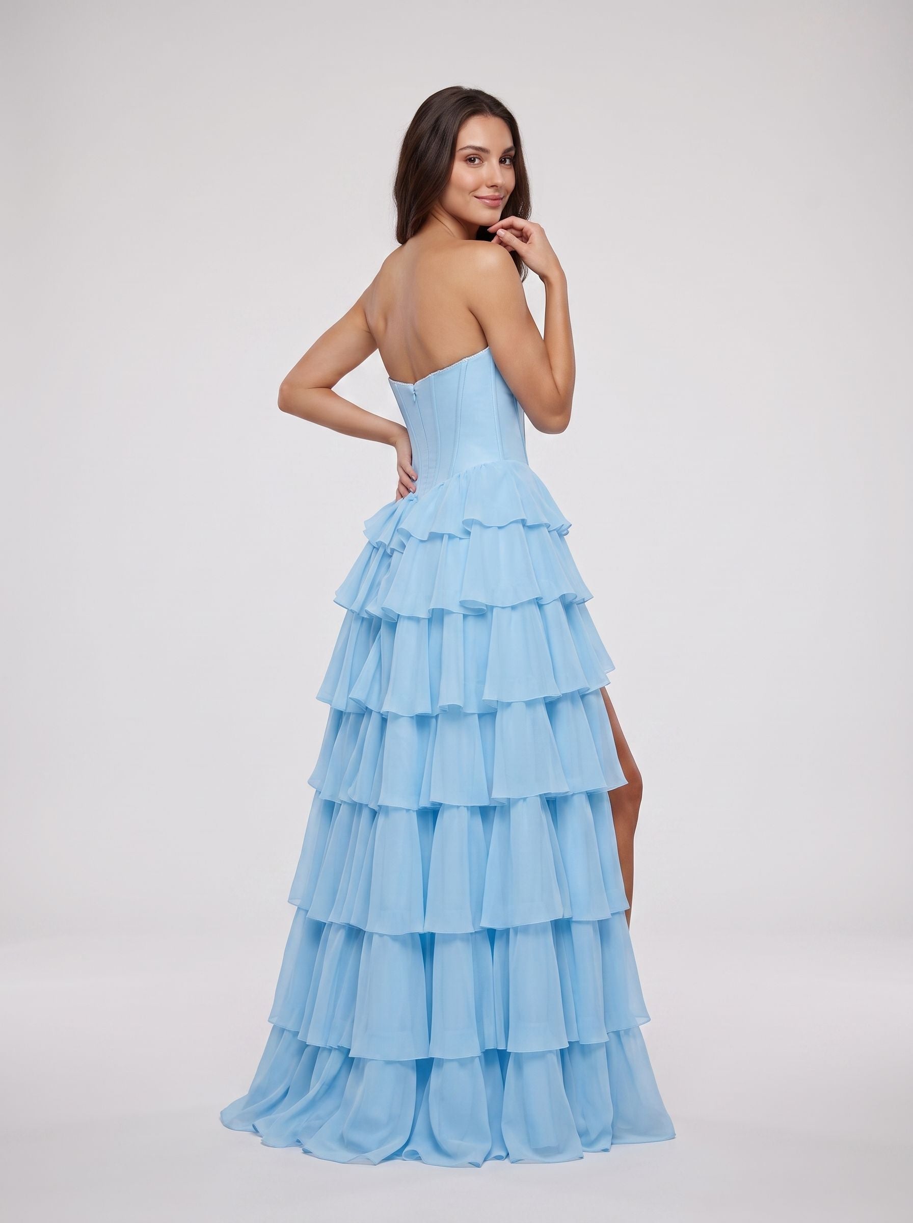 Sky Blue Tulle A-Line Sweetheart Corset Back Floor-Length Dress with Ruffled Tiers and Beading