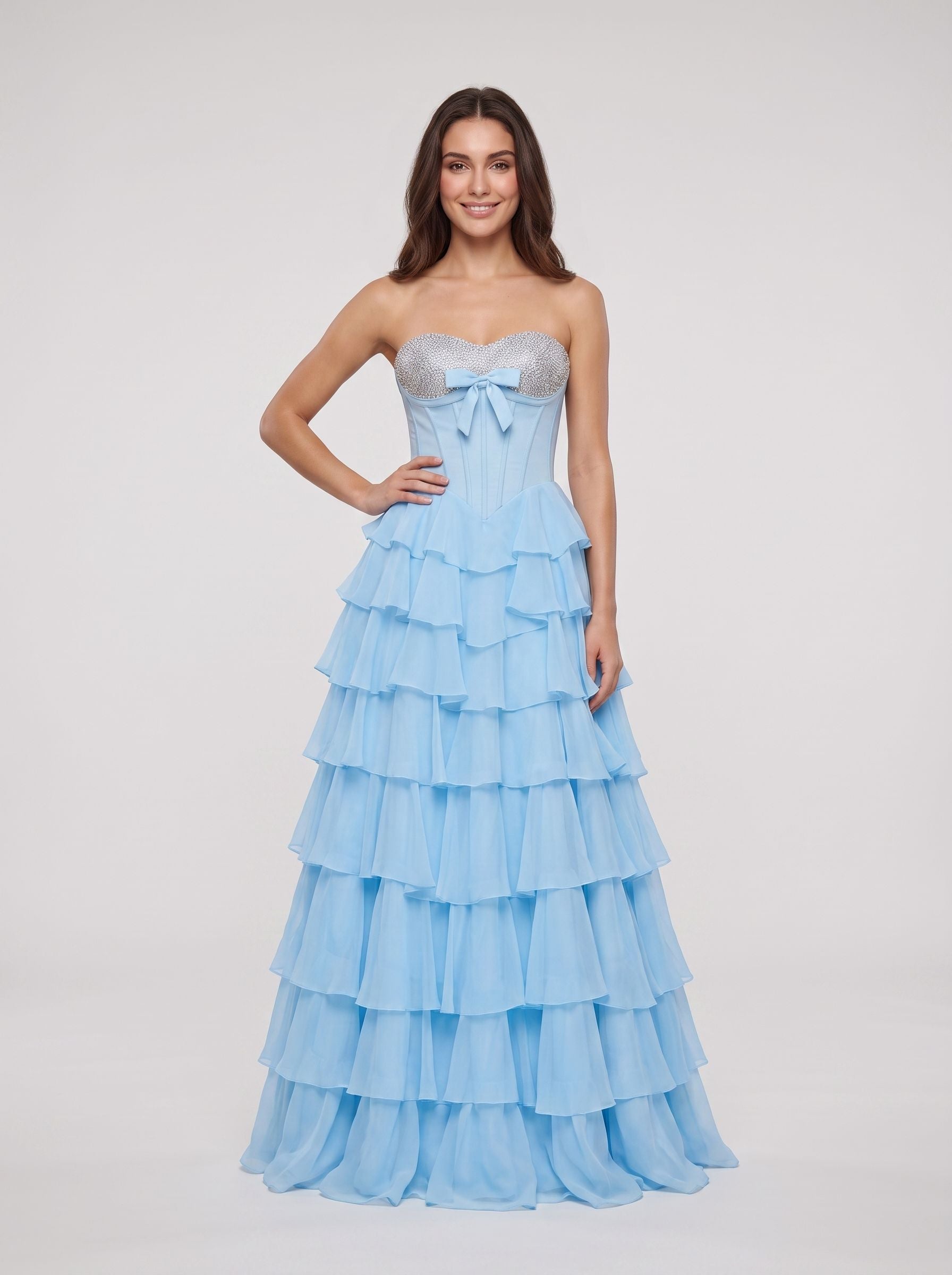 Sky Blue Tulle A-Line Sweetheart Corset Back Floor-Length Dress with Ruffled Tiers and Beading