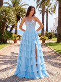 Sky Blue Tulle A-Line Sweetheart Corset Back Floor-Length Dress with Ruffled Tiers and Beading