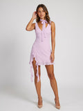 Lilac Chiffon A-Line V-Neck Side Zip Short Dress with Ruffle Trim