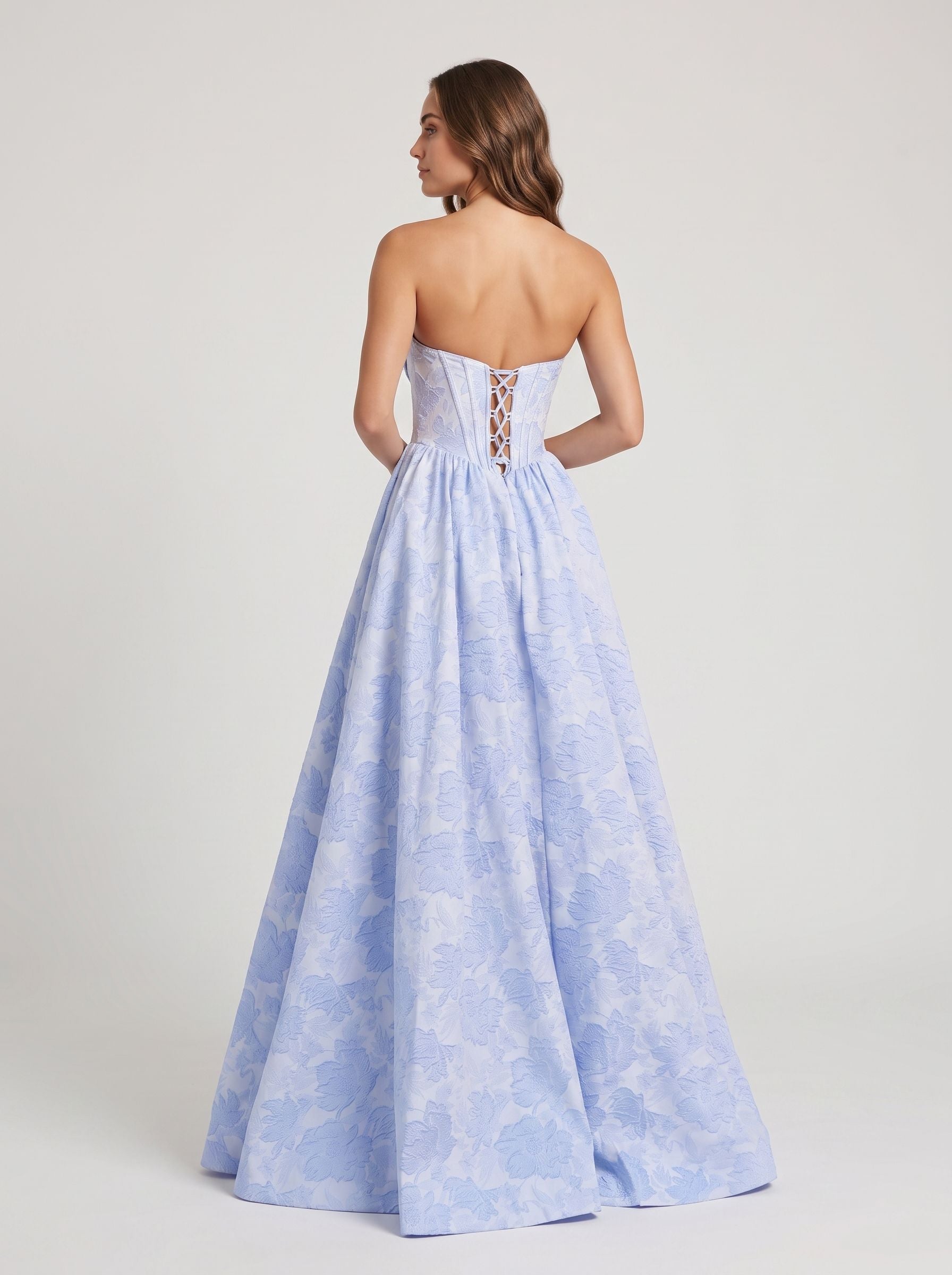 Purple Floral Jacquard A-Line Sweetheart Corset Back Floor-Length Dress with Basque Waistline