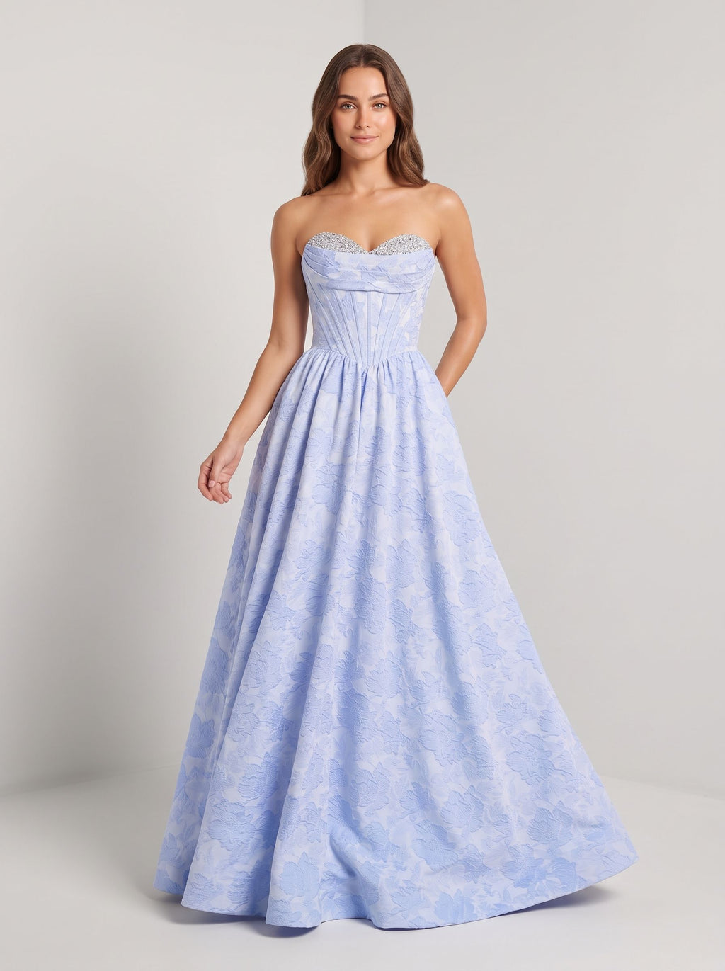 Purple Floral Jacquard A-Line Sweetheart Corset Back Floor-Length Dress with Basque Waistline
