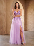 Lilac Tulle A-Line Sweetheart Lace-up Floor-Length Dress with Embroidered Corset