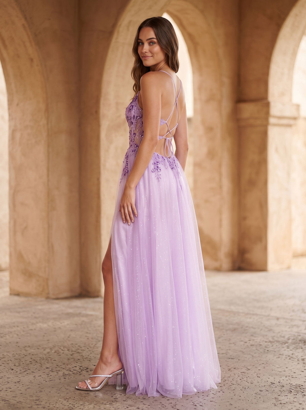 Lilac Tulle A-Line Sweetheart Lace-up Floor-Length Dress with Embroidered Corset