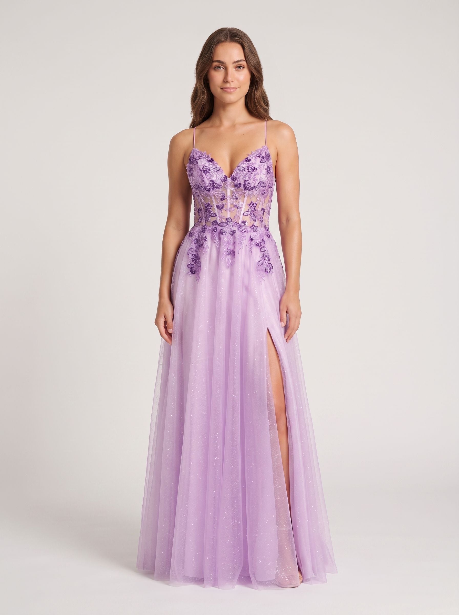 Lilac Tulle A-Line Sweetheart Lace-up Floor-Length Dress with Embroidered Corset