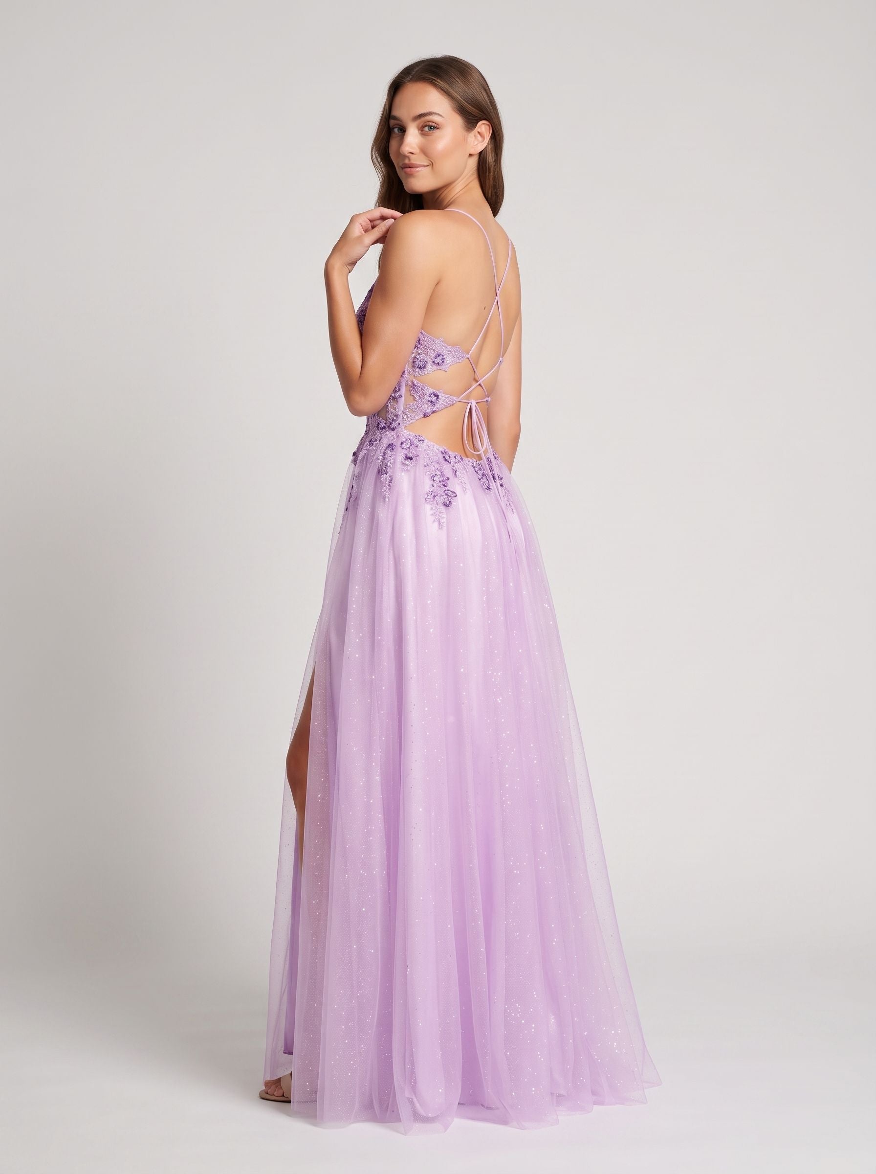 Lilac Tulle A-Line Sweetheart Lace-up Floor-Length Dress with Embroidered Corset