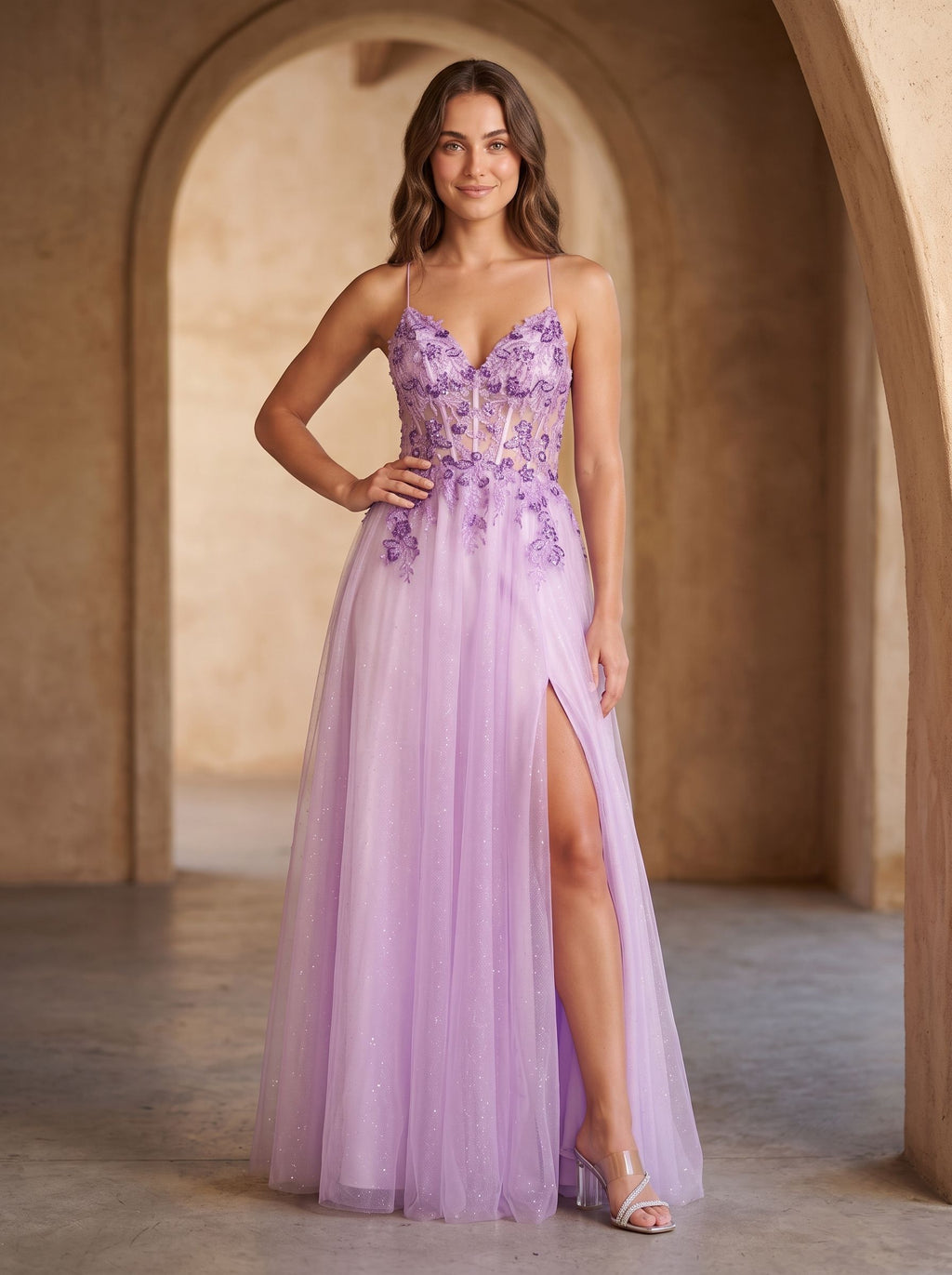 Lilac Tulle A-Line Sweetheart Lace-up Floor-Length Dress with Embroidered Corset