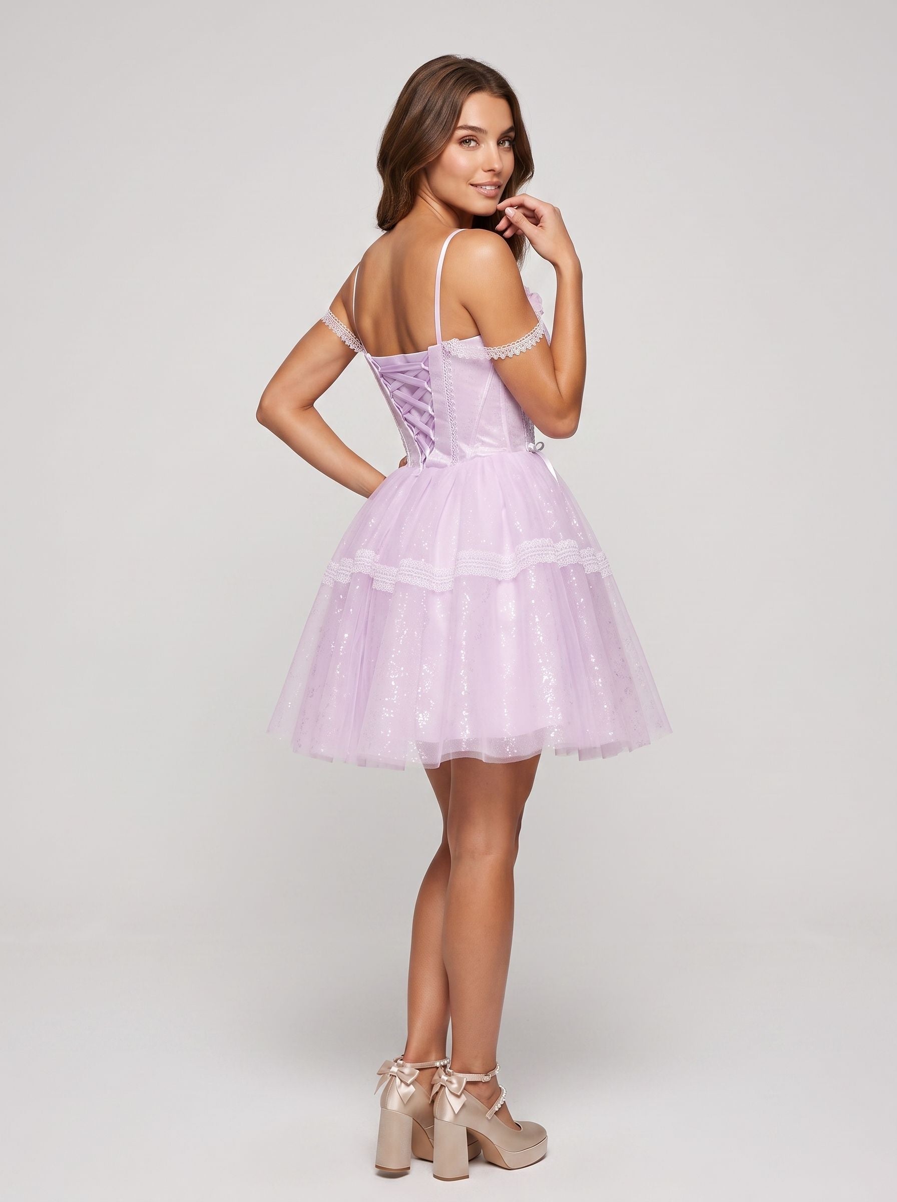 Lilac Satin A-Line Off-the-Shoulder Criss-Cross Straps Short Dress with 3D Flower