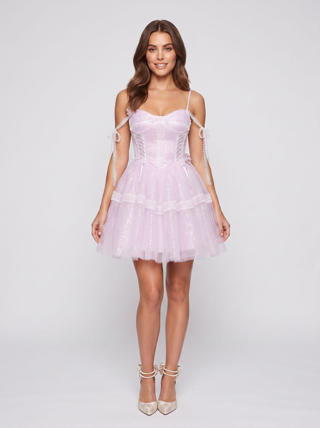 Lilac Satin A-Line Off-the-Shoulder Criss-Cross Straps Short Dress with 3D Flower