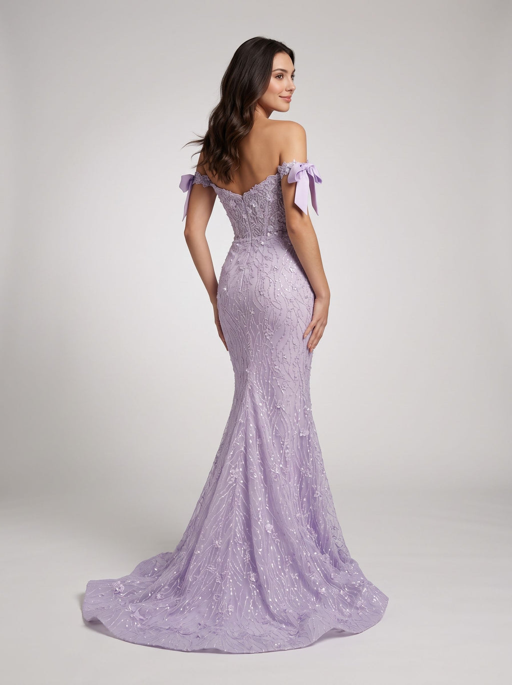 Lilac Lace Mermaid Off-the-Shoulder Back Zip Floor-Length Dress with Sweeping Train