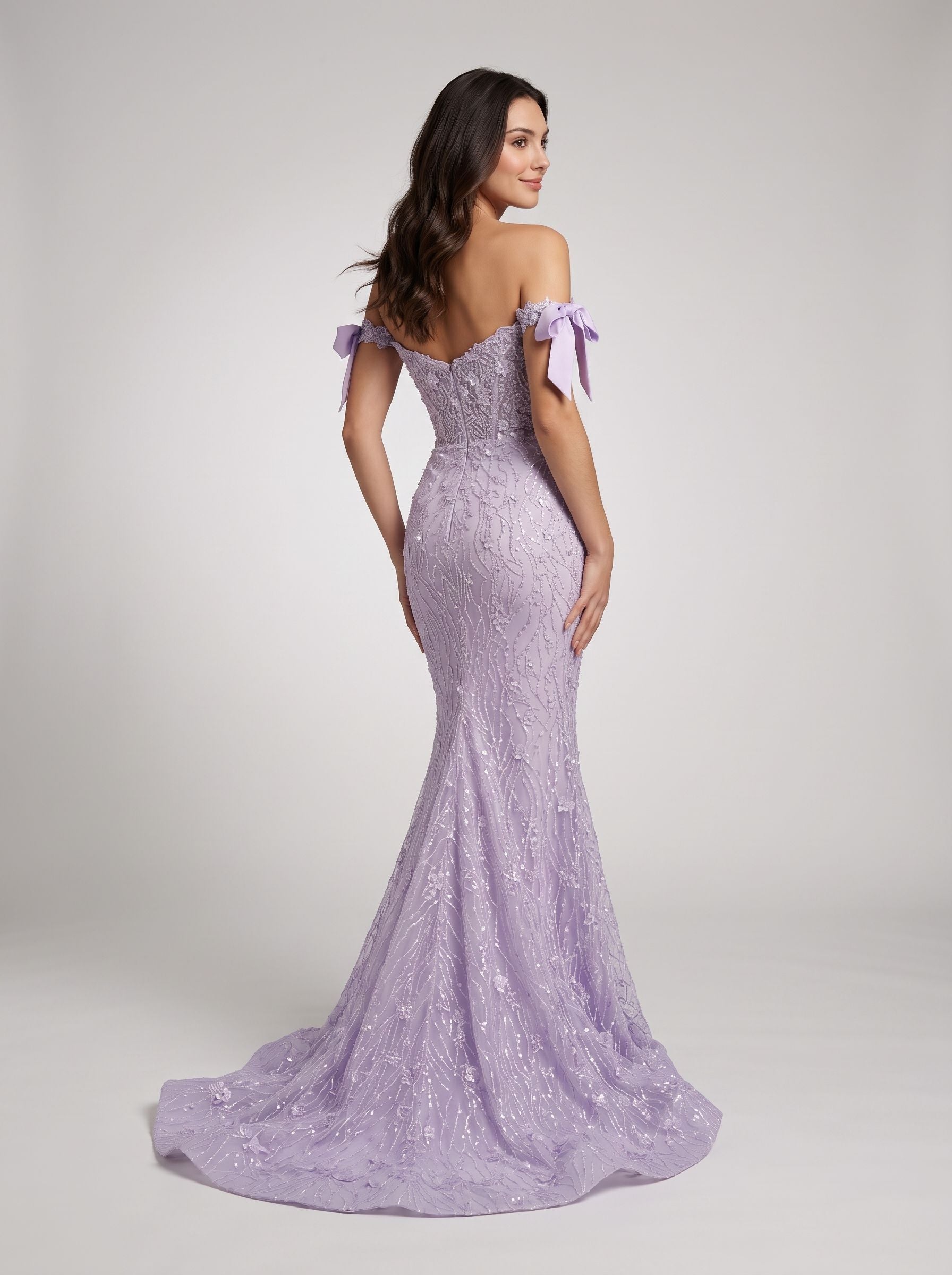 Lilac Lace Mermaid Off-the-Shoulder Back Zip Floor-Length Dress with Sweeping Train