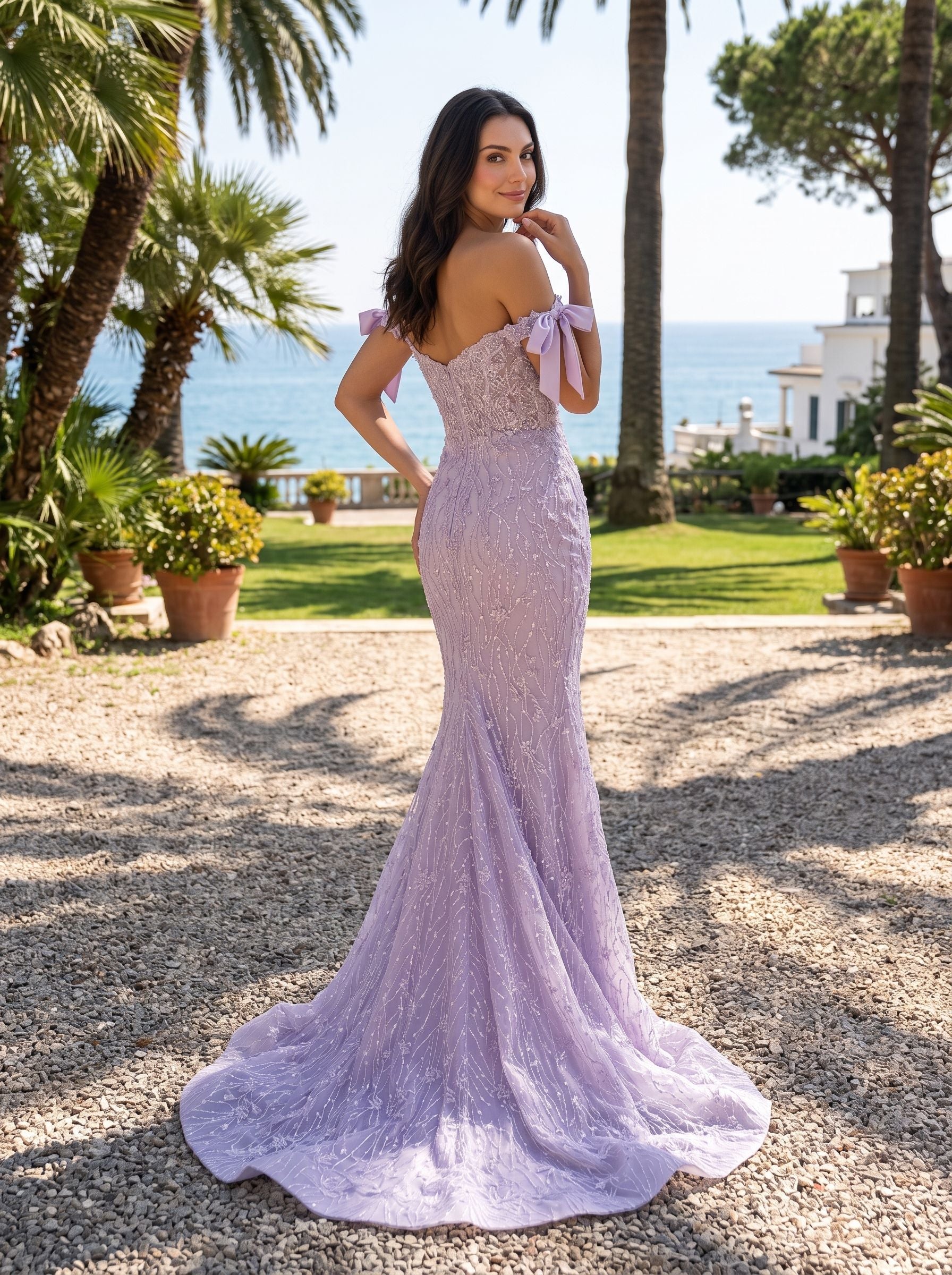 Lilac Lace Mermaid Off-the-Shoulder Back Zip Floor-Length Dress with Sweeping Train