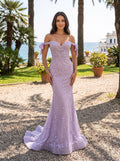 Lilac Lace Mermaid Off-the-Shoulder Back Zip Floor-Length Dress with Sweeping Train