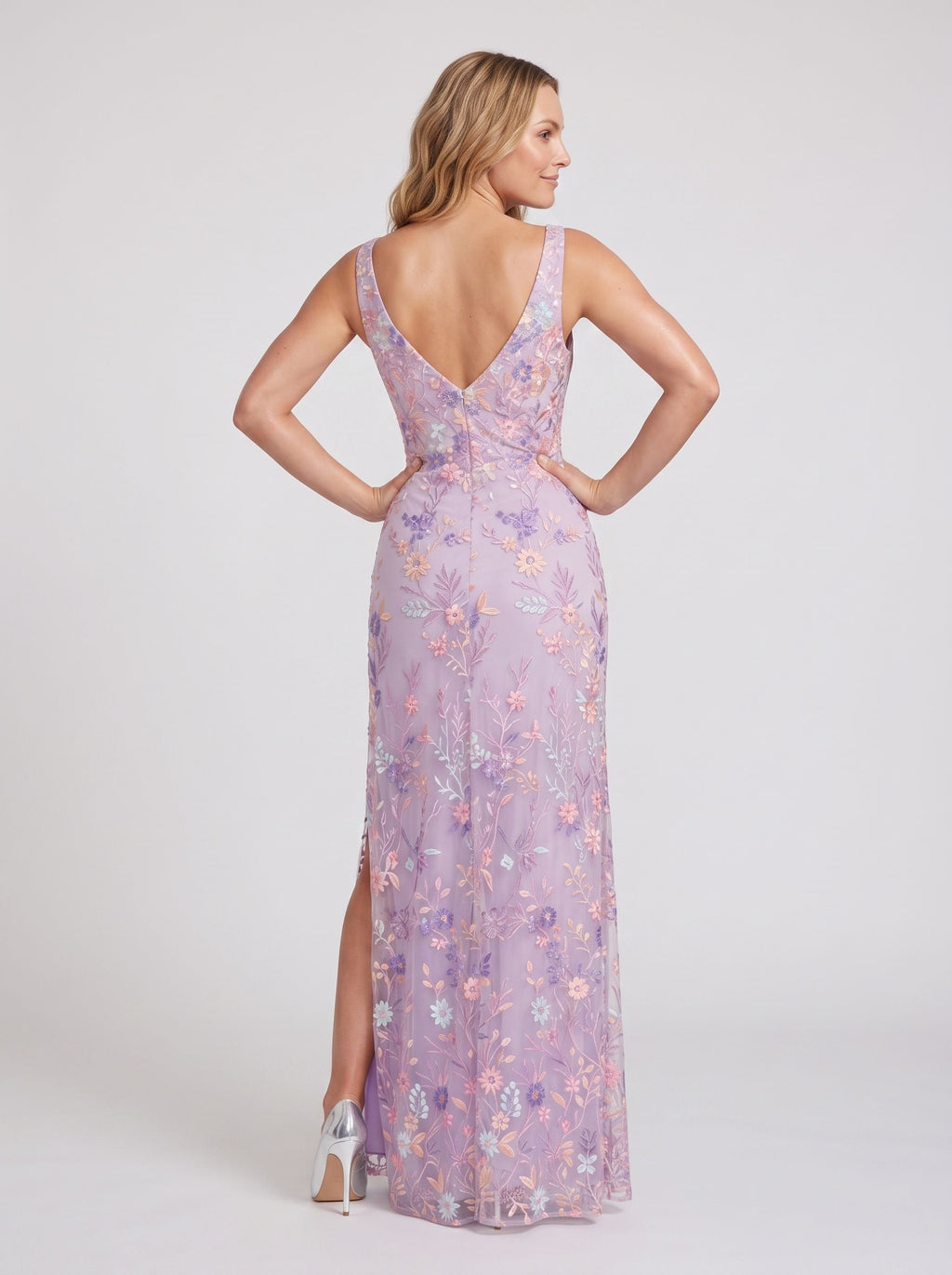 Lilac Mesh A-Line V-Neck Back Zip Floor-Length Dress with Floral Applique