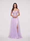Lilac Tulle A-Line Off-the-Shoulder Lace-up Floor-Length Dress with Embroidered Corset and High Slit