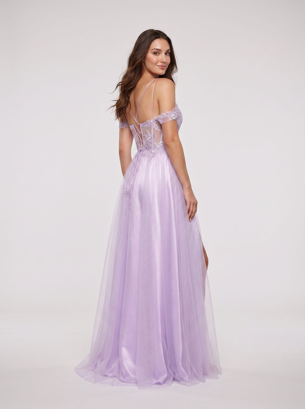 Lilac Tulle A-Line Off-the-Shoulder Lace-up Floor-Length Dress with Embroidered Corset and High Slit