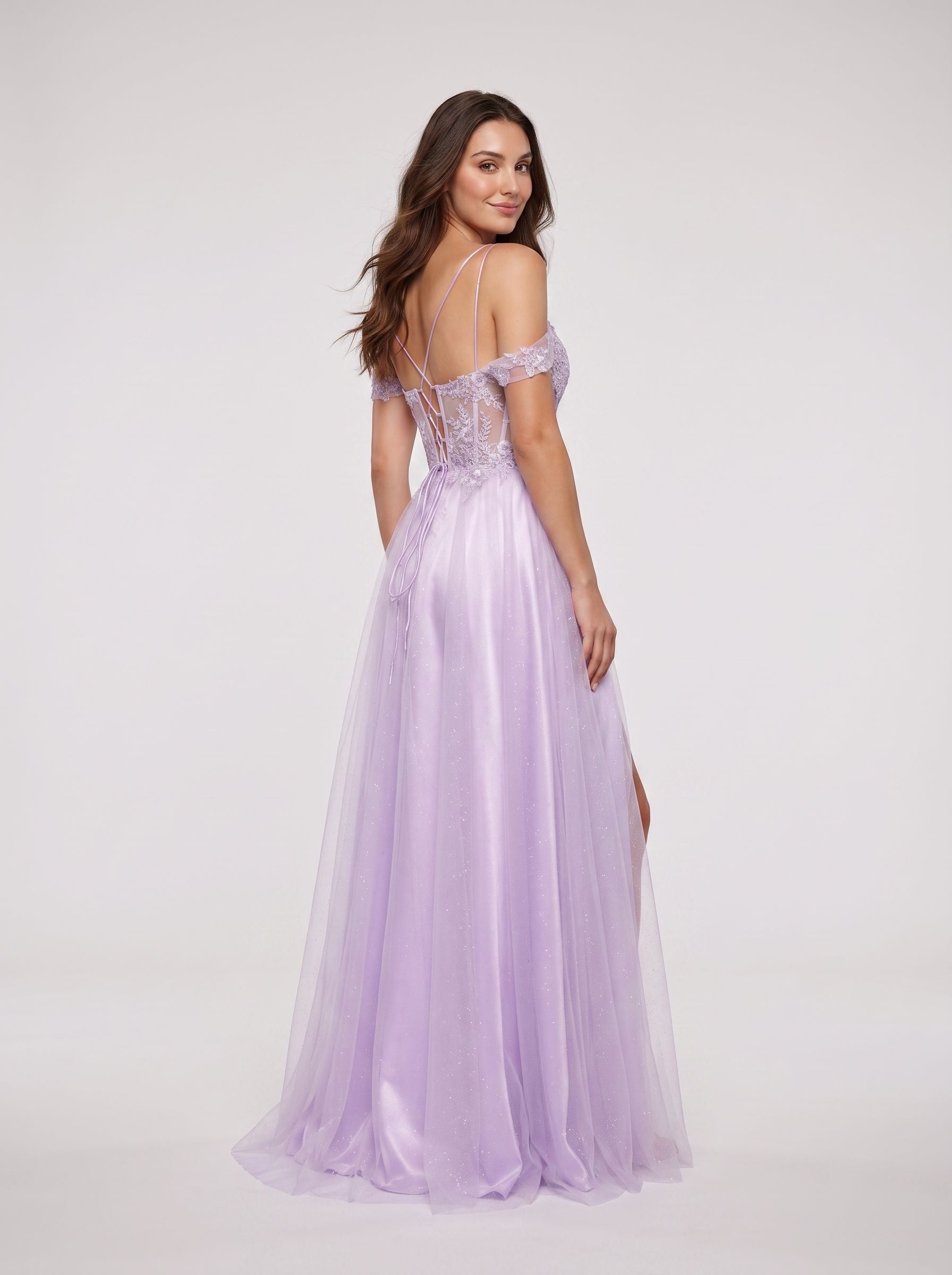 Lilac Tulle A-Line Off-the-Shoulder Lace-up Floor-Length Dress with Embroidered Corset and High Slit