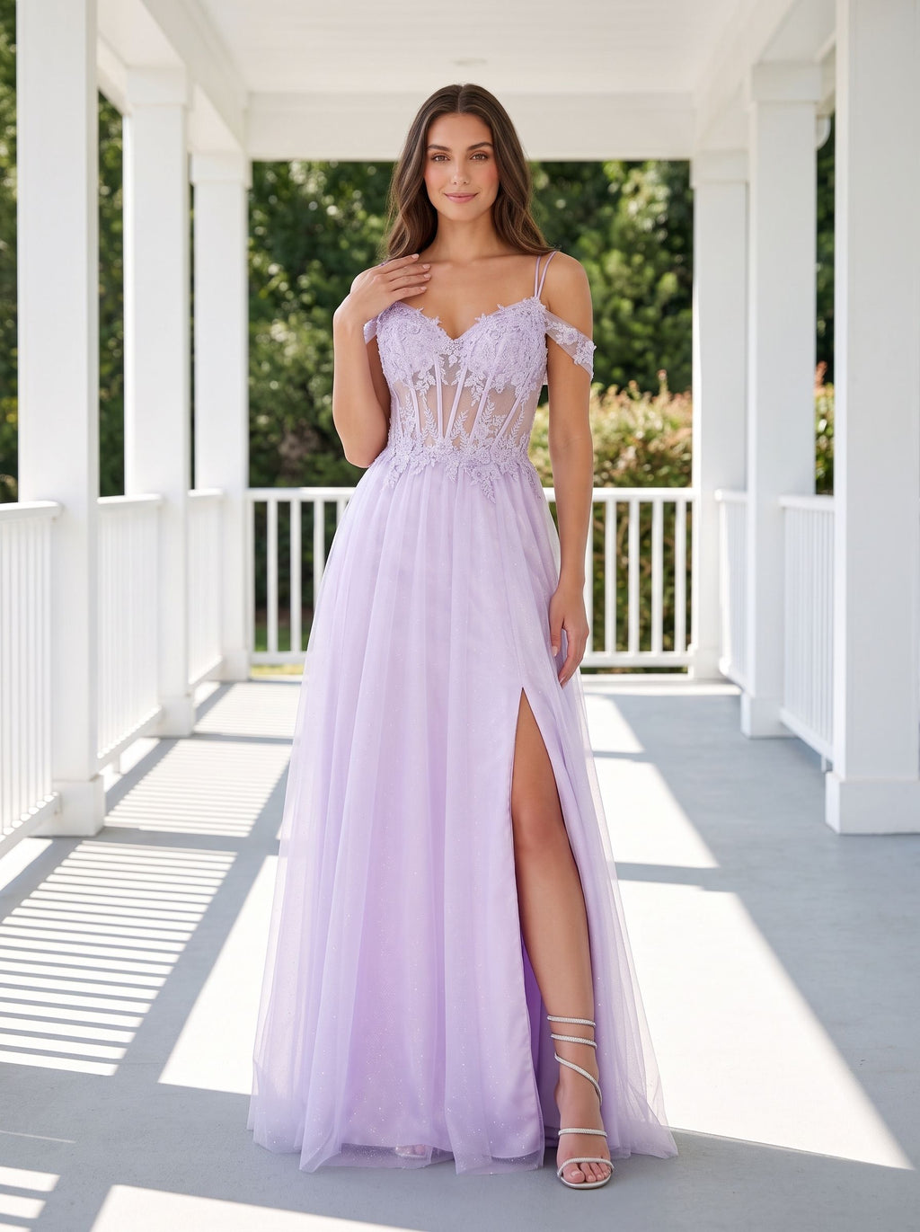 Lilac Tulle A-Line Off-the-Shoulder Lace-up Floor-Length Dress with Embroidered Corset and High Slit