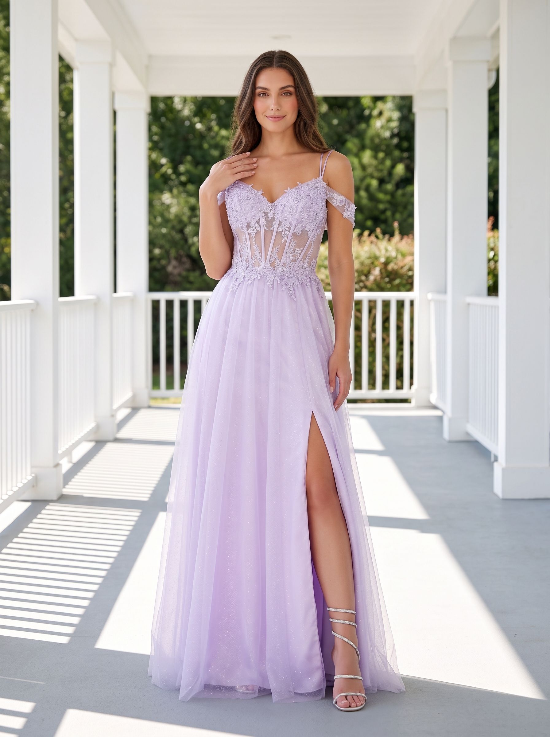 Lilac Tulle A-Line Off-the-Shoulder Lace-up Floor-Length Dress with Embroidered Corset and High Slit