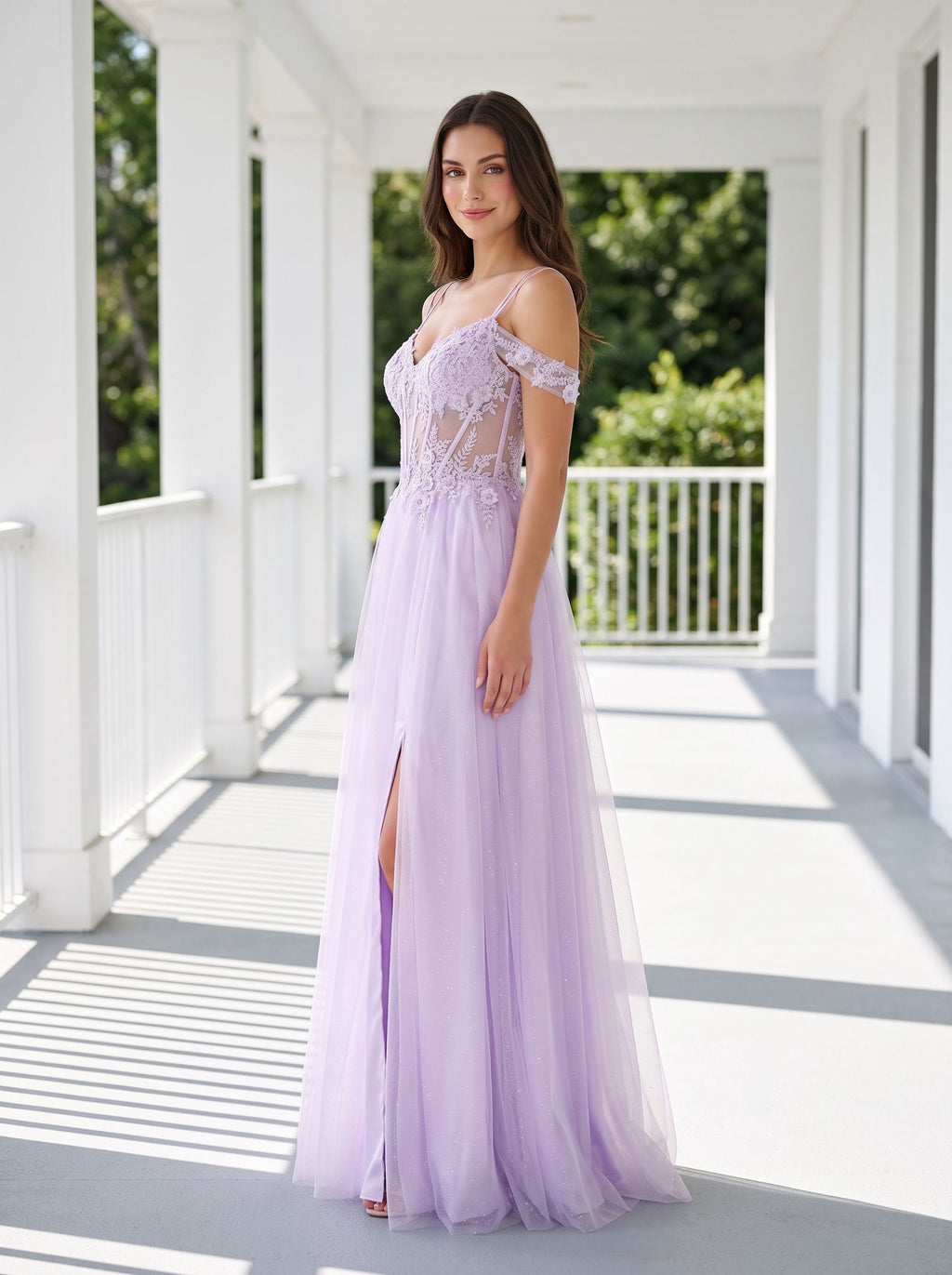 Lilac Tulle A-Line Off-the-Shoulder Lace-up Floor-Length Dress with Embroidered Corset and High Slit
