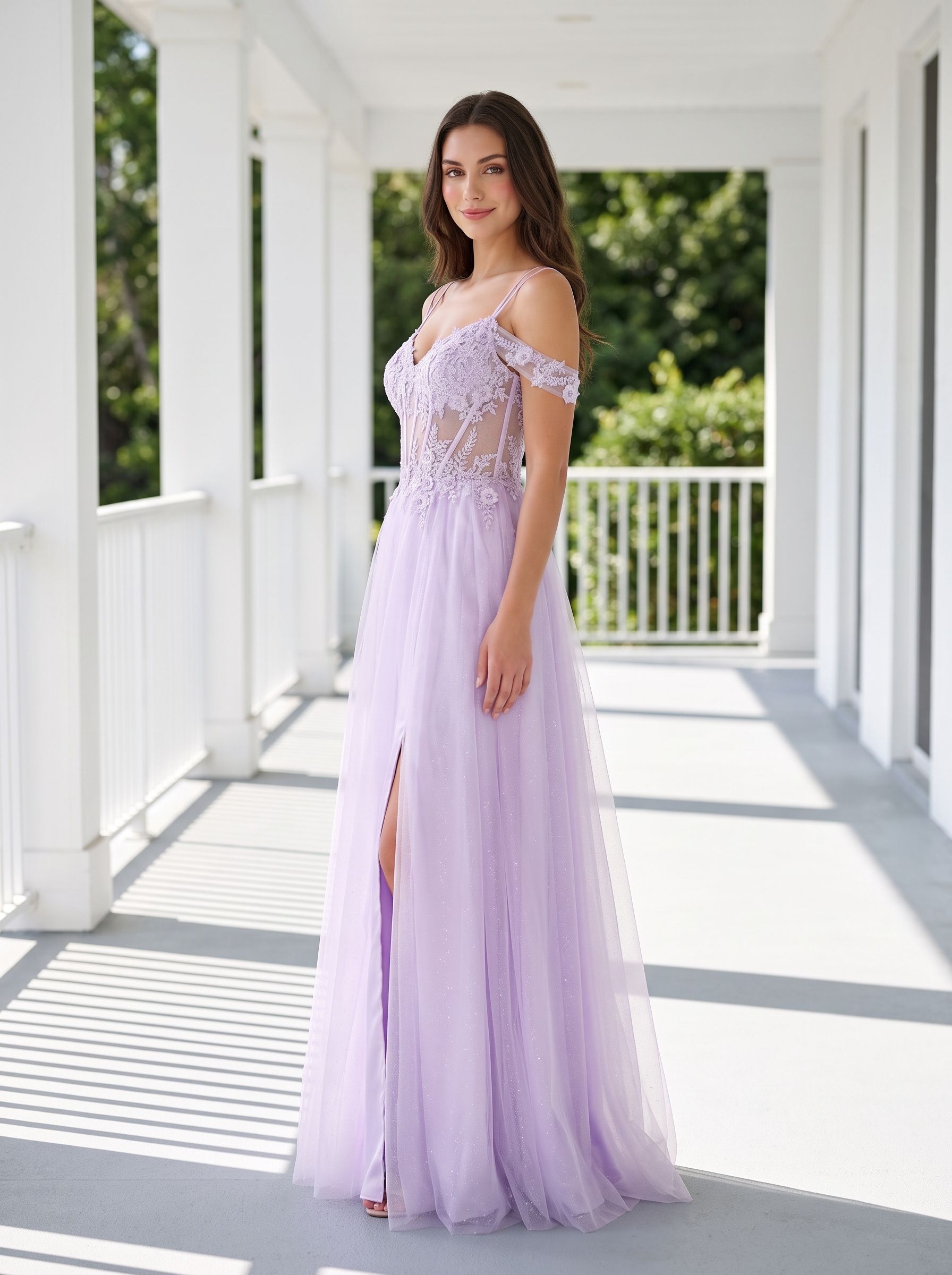 Lilac Tulle A-Line Off-the-Shoulder Lace-up Floor-Length Dress with Embroidered Corset and High Slit