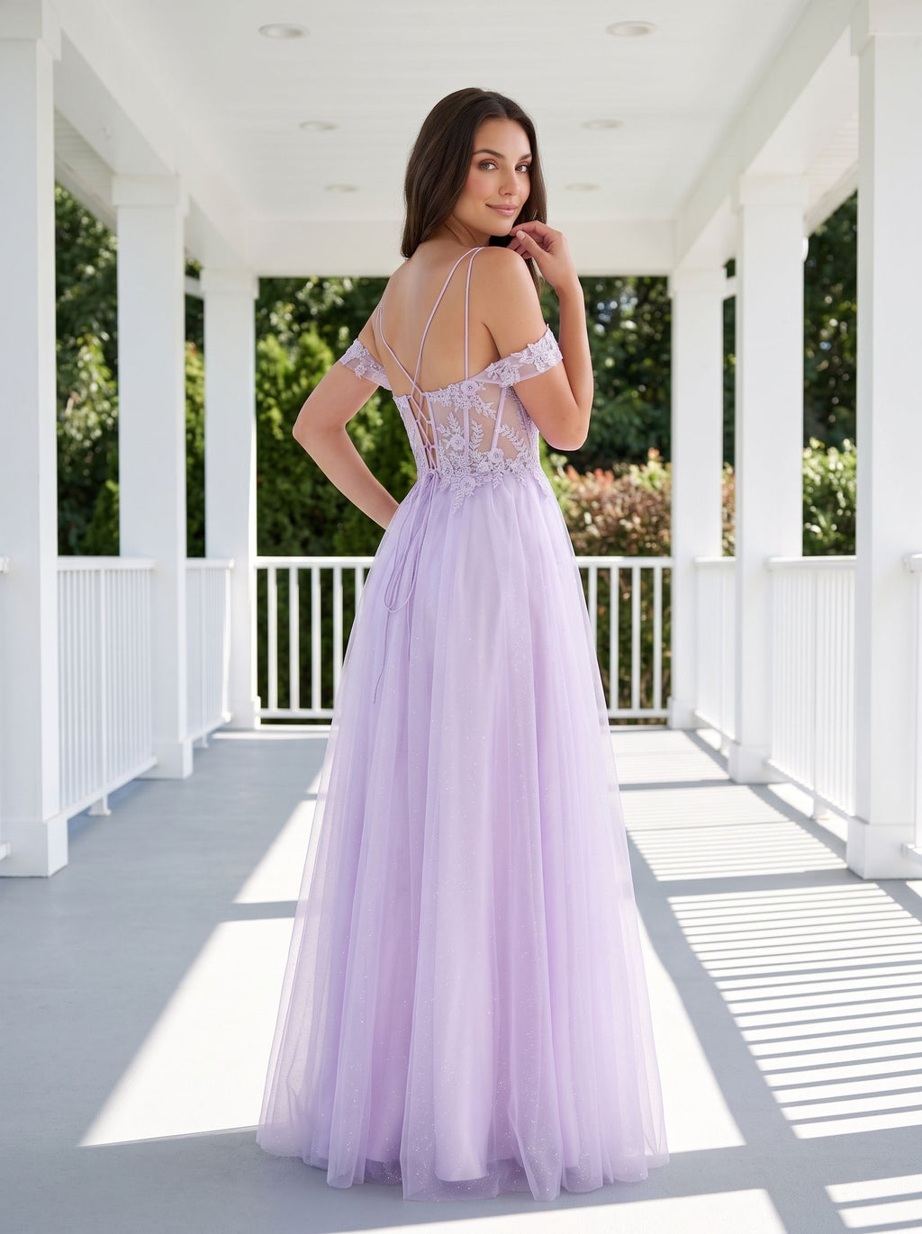 Lilac Tulle A-Line Off-the-Shoulder Lace-up Floor-Length Dress with Embroidered Corset and High Slit
